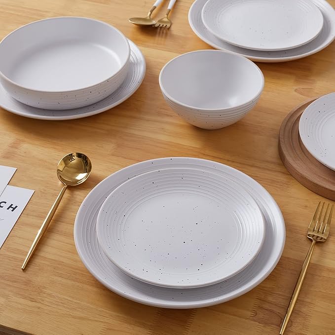 Stone Lain Lauren Stoneware, Rustic Plates and Bowls Set, Dinnerware, Service for 4, Speckled Off White, Dishwasher & Microwave Safe, 16-Piece