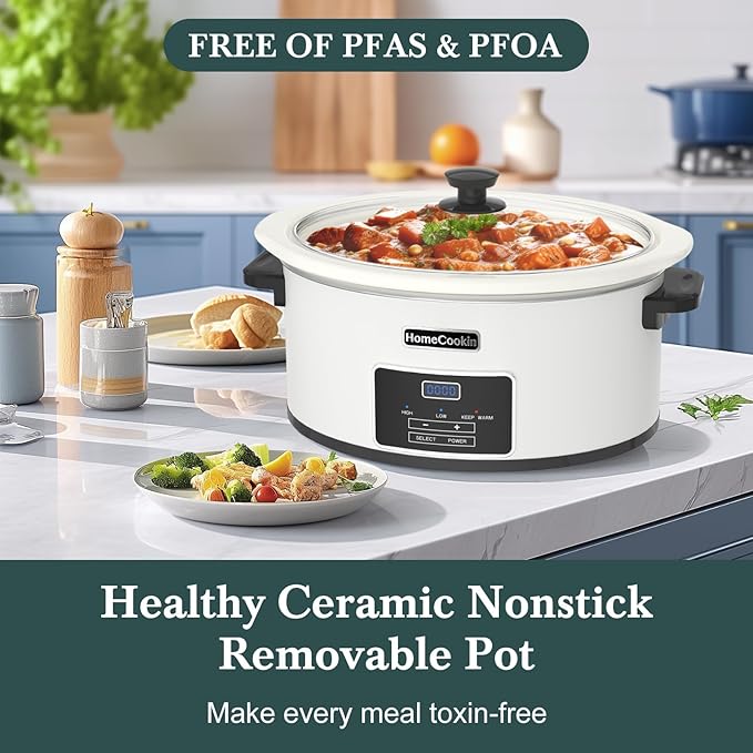 HOMECOOKIN 7-Quart Programmable Slow Cooker with Timer Keep Warm - Small Kitchen Appliance for Family Dinners - Serves 6+ People (White)