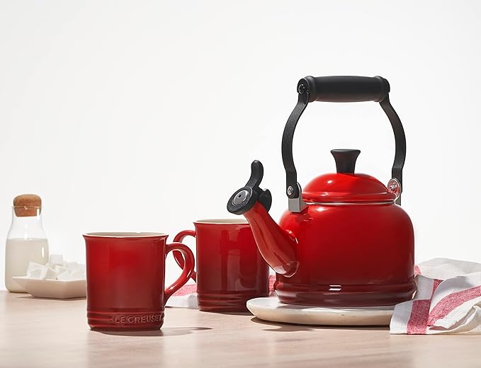 Le Creuset Enamel On Steel Demi Kettle & Stoneware Set of 2 Mugs, 1.25 qt. Kettle & (2) 14 oz. Mugs, White
