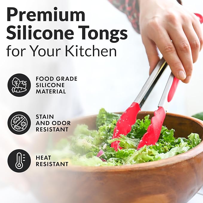 Zulay Stainless Steel Kitchen Tongs with Silicone Tips - Set of 2 (9” & 12”) Locking Cooking Tongs with Non-Slip Grip - Heat Resistant, BBQ Food Tongs for Non-Stick Cooking Pans (Silver/Soft Red)