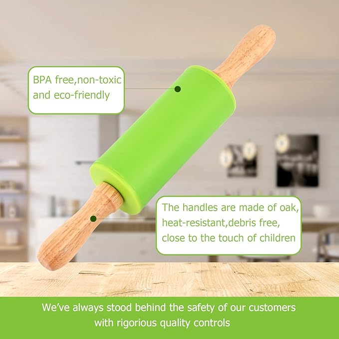 Mini Silicone Rolling Pin for Kids, Non-stick Surface Wood Handle, 9 Inch 1 Pack Green