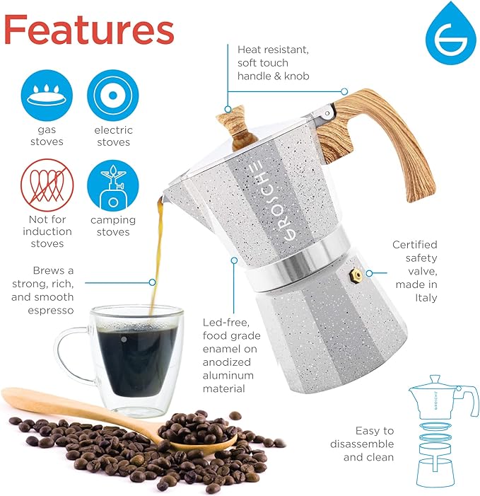 GROSCHE Milano Moka pot, Stovetop Espresso maker, Greca Coffee Maker, Stovetop coffee maker and espresso maker percolator (Grey, 9 cup)