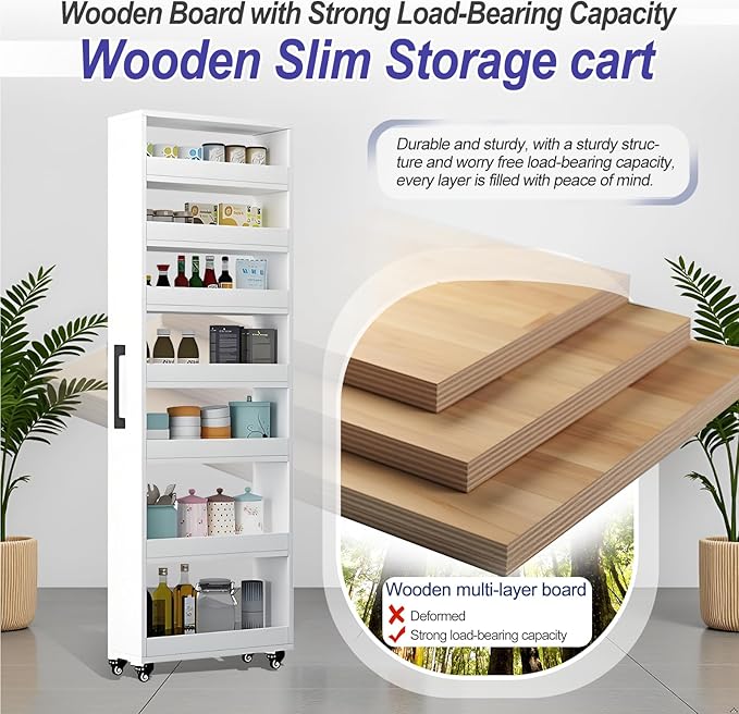 7-Tier Slim Storage Cart, Wooden Rolling Pantry Cabinet with Wheels, Narrow Shelf Organizer for Kitchen, Bakers Rack, Dining Room, Closet, Small Spaces Light Walnut 73.2''H*7.8''W*19.6''D