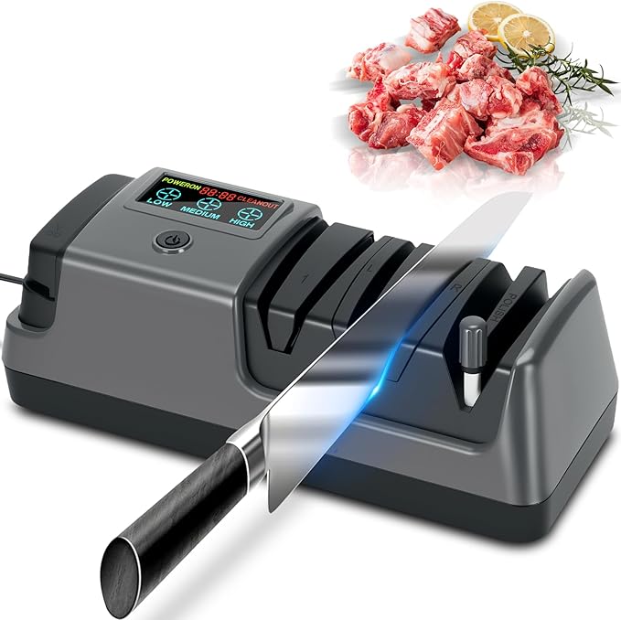 5 in 1 Electric Knife Sharpener with LCD Screen, 3 Rotational Speed Adjustable, 100% Diamond Abrasives, Electric Knife Sharpener for Straight, Serrated, Meat Cleaver, Ceramic Knives & Scissors, Gray