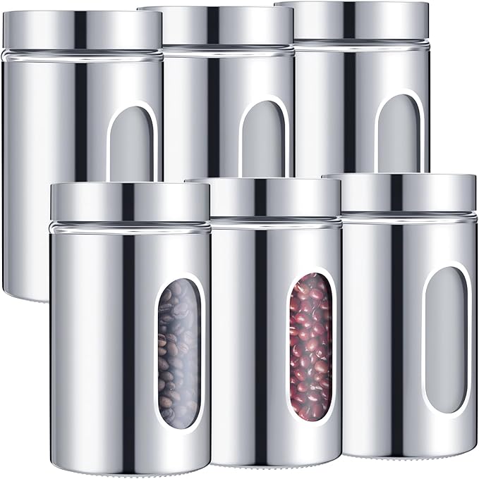 Mimorou 6 Pack Kitchen Canisters Set Airtight Coffee Sugar Tea Candy Storage Jars with Window Glass Stainless Steel Containers with Lids for Flour Cookies Spices Grains Kitchen Decorations(32 oz)