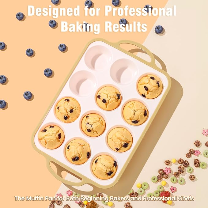 Silicone Muffin Pans for Baking 2 Pack, 2.6 Inch with Metal Reinforced Frame, Regular Size Nonstick Cupcake Pan 12 Cups for Baking Homemade Muffins, Dishwasher Safe BPA Free-Light Yellow