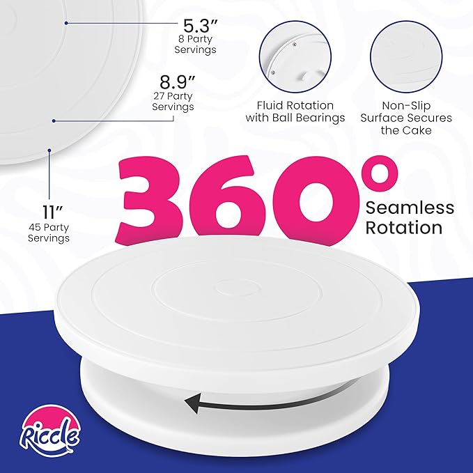 Riccle 94 pcs Cake Decorating Kit with Cake Turntable - Includes 50pcs 16 Inch Disposable + 2 Reusable Piping Bags and Tips Set, 24 Icing Piping Tips, 2 Spatulas, 3 Icing Comb Scraper, 6 Cake Liners