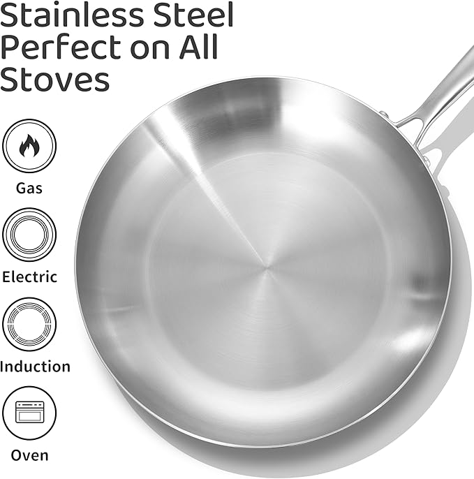 LOLYKITCH 11 Inch Tri-Ply Stainless Steel Frying Pan,Skillet,Induction Cooking Pan,Dishwasher and Oven Safe,Detachable Handle.