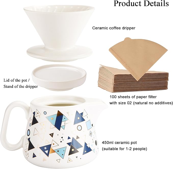 Pour Over Coffee Maker, Ceramic Coffee dripper with 100 pcs V60 Paper Filter, Ceramic coffee Server with Lid, 15.5oz/450 ml, Suitable for 1-2 people (White A)