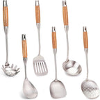 FJNATINH Wok Utensils for Carbon Steel, Stainless Steel Wok Spatula Metal Set, 6-Pieces 13-15 Inch Extra Long, Wok Tools Professional Set, Wooden Handle Skimmer, Soup Ladle, Slotted Turner