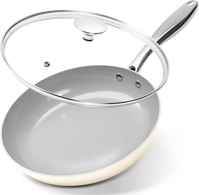 MICHELANGELO Non Stick Frying Pans - 10 Inch Frying Pan Nonstick with Lid, Nonstick Skillet with Lid, Non Toxic Frying Pan, Ceramic-Coated, Beige