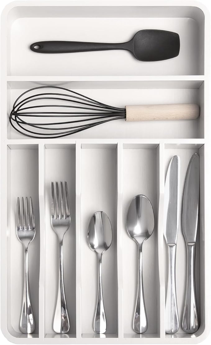 KitchenEdge Silverware Organizer - Cutlery, Flatware, and Utensil Holder for Kitchen Drawers, Fixed 10.5” Width, 7 Storage Compartments, Non-Slip Feet, Rounded Corners, 100% Bamboo, White Finish
