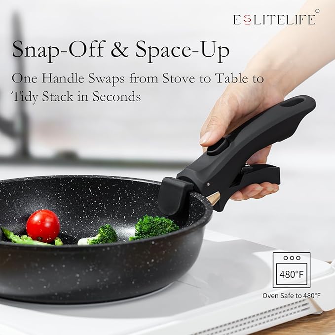 ESLITE LIFE Nonstick Cookware Sets with Detachable Handle,Ceramic Coating Pots and Pans Set Kitchen Cooking Set, Compatible with All Stovetops, PTFE & PFOA Free, Black, 10 Pcs Set