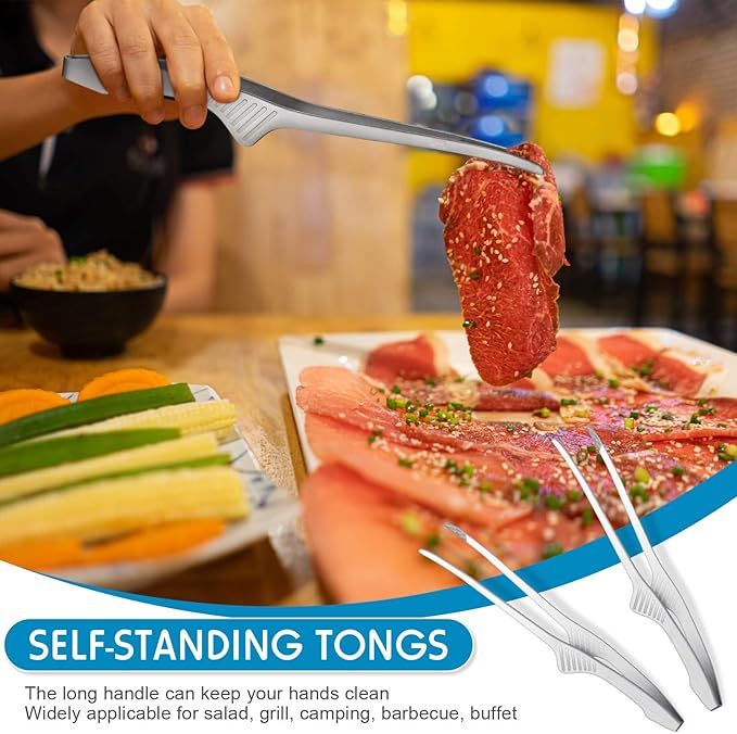 Patelai Korean and Japanese BBQ Tongs Non Slip Cooking Utensils Stainless Steel Tongs for Serving Food, Salad, Camping, Barbecue, Buffet, Oven with Support Stand(Silver,2 Pieces)