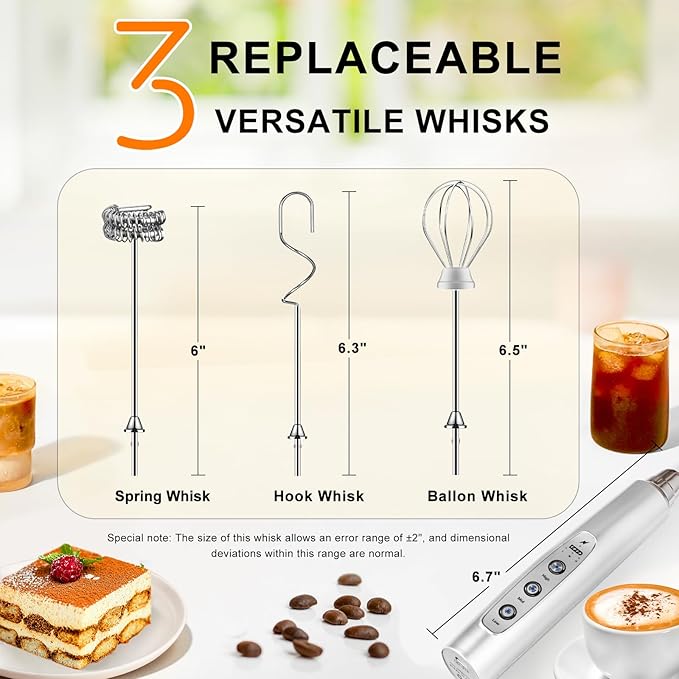 YUSWKO Rechargeable Milk Frother Handheld with 3 Heads, Silver Coffee Electric Whisk Drink Foam Mixer, Mini Hand Stirrer with 3 Speeds Adjustable for Latte, Cappuccino, Hot Chocolate, Egg