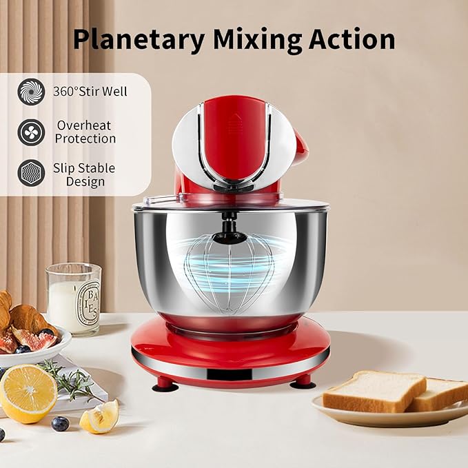 Aifeel Stand Mixer, 8.5QT+ 6QT Two Stainless Steel Bowls Electric Food Mixer, 7 in 1 Multifunctional Kitchen Mixer with Dough Hook, Whisk, Beater, Meat Grinder,Pasta & Cookie Maker-Red
