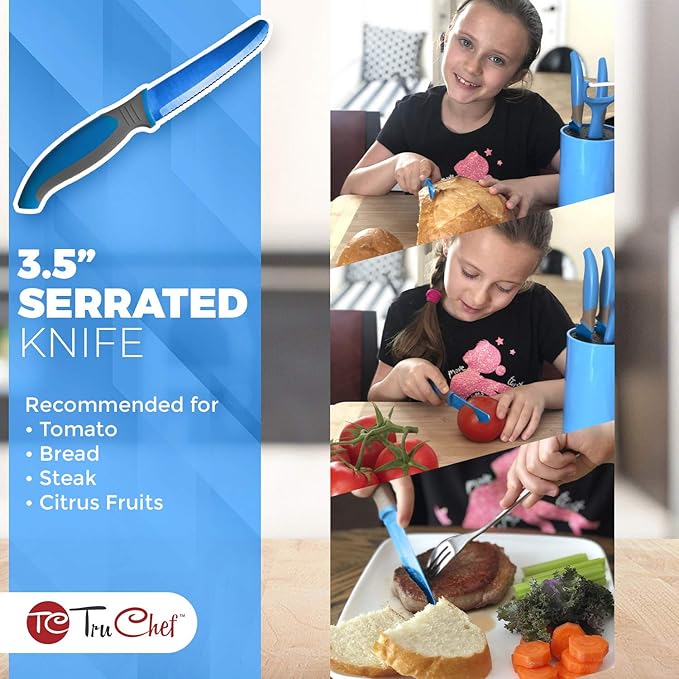 5-Piece Kids Knife Set | Real Stainless Steel Cooking Knives with Peeler, Serrated Blade & Storage Stand | Safe, Easy-Grip Design – Fun Junior Chef Set for Boys & Girls (5 pcs, Blue)