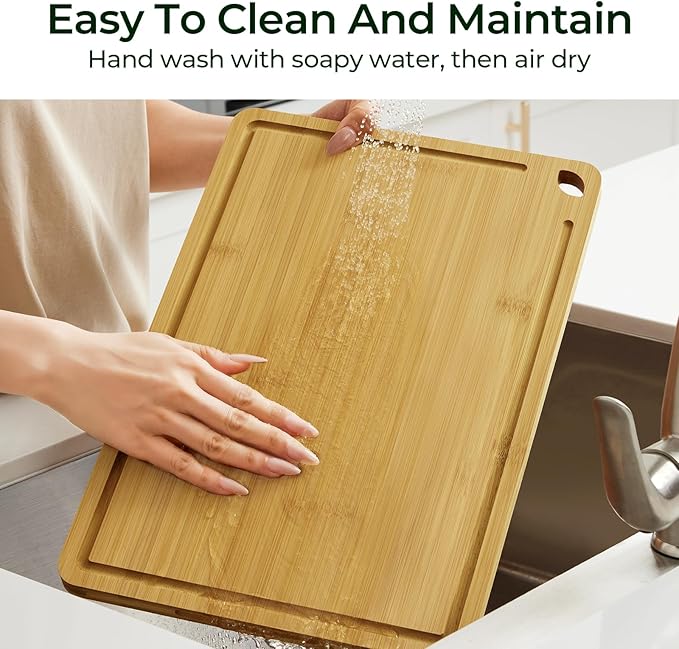 Wood Cutting Board for Kitchen - Reversible Bamboo Cutting Boards Gift Set of 3 with Juice Groove, Wooden Chopping Board for Meat, Fruit, Vegetables & Cheese (Pre Oiled, Natural)