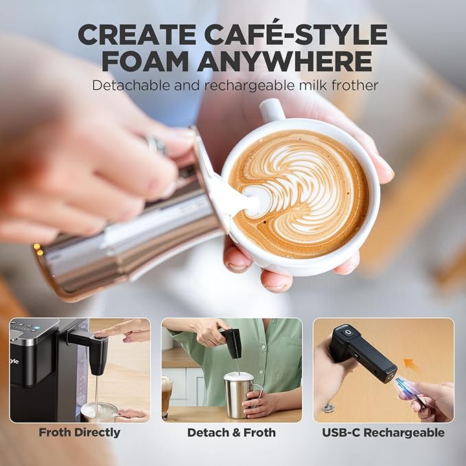 Single Serve Coffee Maker with Built-in Detachable Milk Frother, Iced and Hot Coffee Machine for K Cup & Grounds, 40oz Removable Water Reservoir, 6 Cup Sizes, Fits 7.3" Travel Mug, Black
