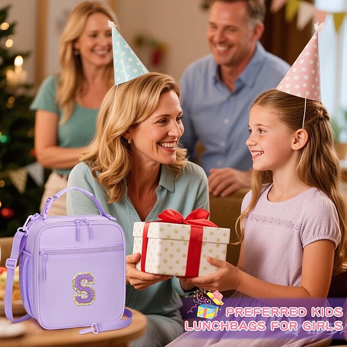 Initial Insulated Lunch Bag for Girls Kids, Back to School Gift, Reusable Leak-proof Lunch Box with Adjustable Strap for School Daycare Travel Picnic (Purple,S)