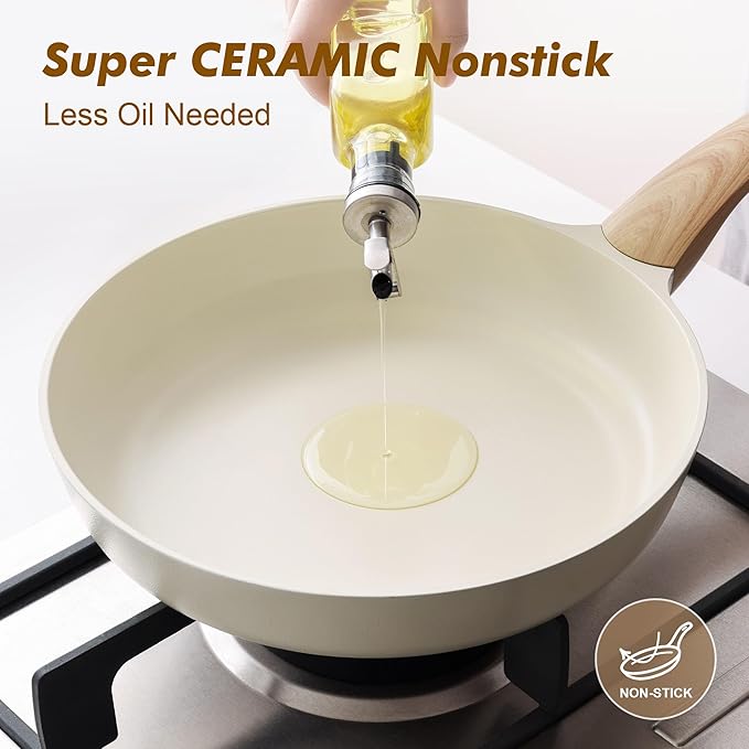 SENSARTE Ceramic Nonstick Frying Pan Skillet with Lid, 9.5inch Non Stick Pan Omelet Pans, Non-toxic Kitchen Cooking Chef's Pan, Free of Intentionally Added PFAS/PTFE/PFOA, Induction Compatible, White