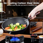 Carbon Steel Wok, 13-Inch Chinese Round Bottom Wok with lid, Woks & Stir-Fry Pans Nonstick for Induction, Electric, Gas Stoves