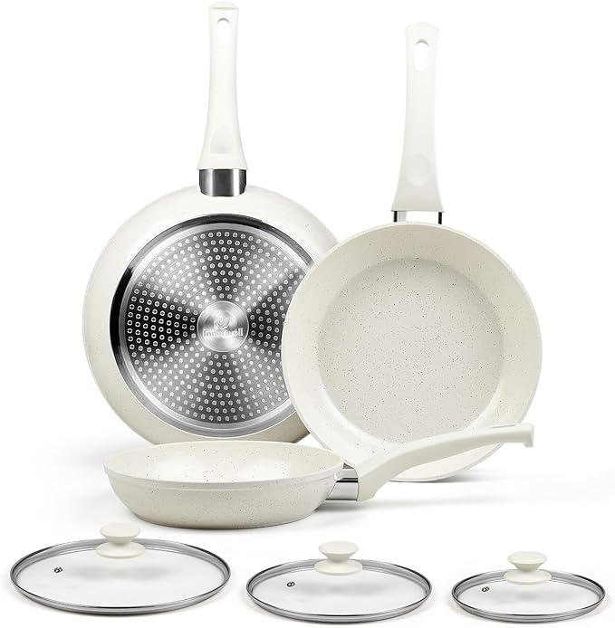 Ceramic Nonstick Frying Pan Set - White Pans With Lids, Induction Skillets for Eggs & Omelets, Healthy No Toxic Cookware, PFOA&PFAS Free