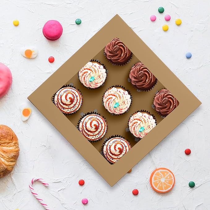 9-Count Brown Cupcake Boxes with Window and Insert, 9x9x3 Inch, 16 Pack, Suitable for Cupcakes, Muffins, and Cookies