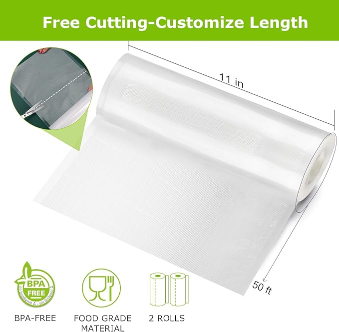 Bonsenkitchen Vacuum Sealer Bags Rolls, 11 in x 50 ft Rolls 2 pack Durable Food Sealer Bags, Commercial Grade, Heavy Duty, BPA Free, Seal a Meal, Great for Food Storage & Sous Vide Cooking, VB24