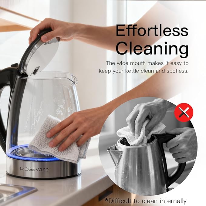 MegaWise Electric Kettle, 1.8L Borosilicate Glass Tea Kettle with LED Light, Auto Shut-Off and Boil-Dry Protection Cordless Kettle Fast Boiling