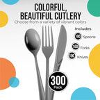 Party Solids Silver Plastic Silverware Heavy Duty 300 Pieces Silver Plastic Cutlery Sets, Utensil Sets, 100 Of Each Forks, Knives & Spoons Disposable Cutlery Set, Flatware Set For Party Supplies