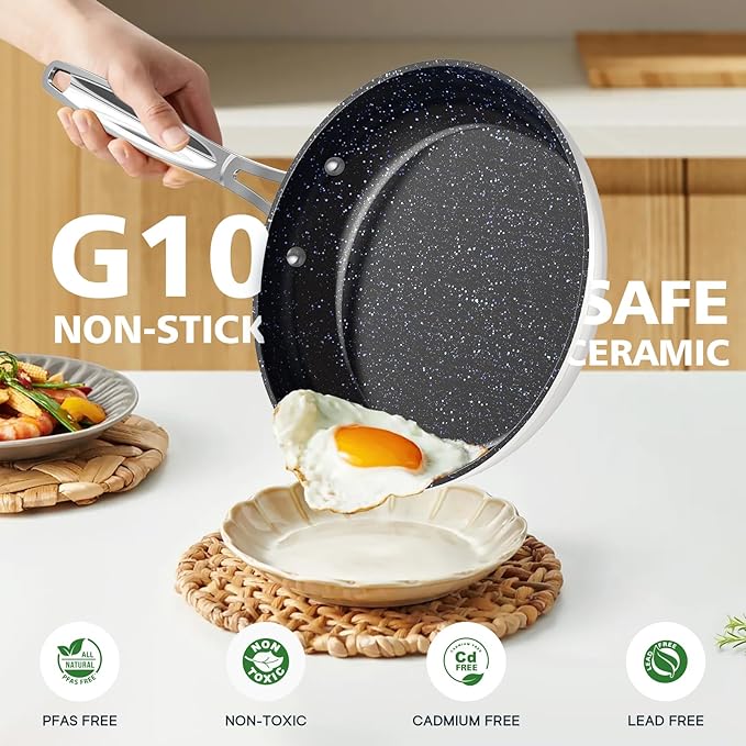 Nuwave 3-Piece 8”, 10”, 12” Forged Lightweight Frying Pan Set, G10 Healthy Duralon Blue Ceramic Ultra Non-Stick, Ergonomic Stay-Cool Handles, Induction-Ready & Works on All Cooktops