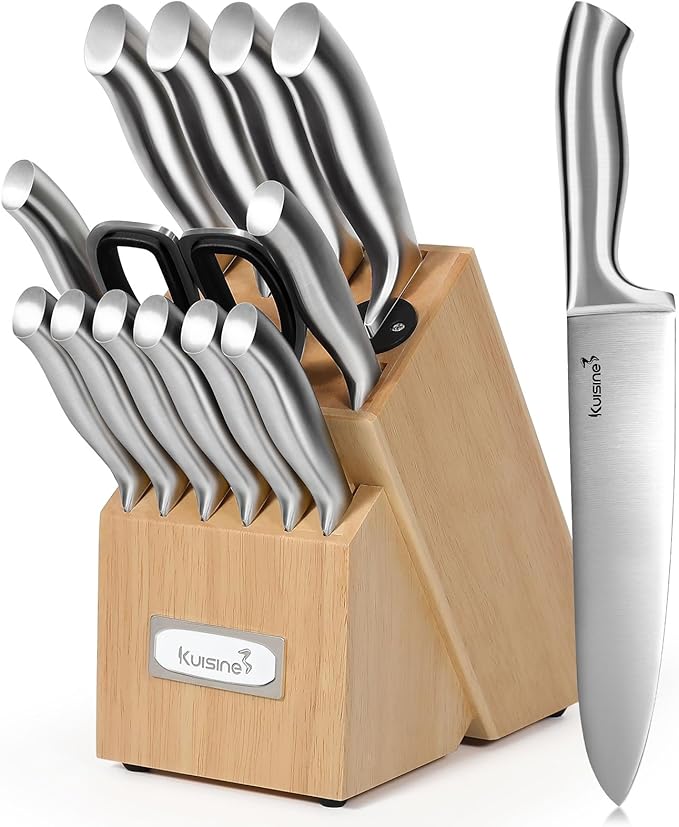 Kuisine Premium Sharp Knife Set Carbon Steel Forged,Ergonomic Handle Knife Block Set,Kitchen Block Knife Set,Chef Knife Set Built-in Sharpener(Silver Pro, 15PCS)