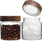 Glass Coffee Jars Spice Jar Round Storage Canister with Wooden Lid Clear Glass Food Jar for Pantry Sugar Tea Coffee Bean Spice Nuts Cookies Bath Salts (500ml/16oz-2pack)