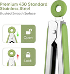 12 Inch Cooking Tongs, 2-in-1 Design with 0.5oz Measure Spoon, Stainless Steel Kitchen Tongs with Silicone Tips, Non-Stick Food Tongs for Cooking, Grilling, BBQ, Salad, Buffet, Serving (12", Green)