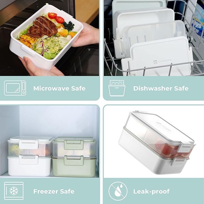 linoroso Stackable Bento Box Adult Lunch Box | Meet All You On-the-Go Needs for Food, Salad and Snack Box, Premium Bento Lunch Box for Adults Include Utensil Set, Dressing Containers - Chalk White