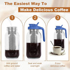 Cold Brew Coffee Maker,64 oz Mason Jar Pitcher with Stainless Steel Filter, Pour Spout Handle Lid, Heavy Duty Glass Airtight & Leak-Proof Pitcher for iced coffee Tea Lemonade -Blue