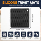 Silicone Trivet Mats 4 Heat Resistant Pot Holders Multipurpose Non-Slip Hot Pads for Kitchen Potholders, Drying mat, Jar Opener, Spoon Holder, Coaster.(Dark Black)
