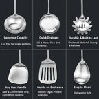 304 18/10 Stainless Steel Kitchen Utensils Set 9 Pcs Long Cooking Utensil, Spatula, Soup spoon, Leaking shovel, Ladle, Tunner, Pasta Server, Meat Fork Kitchen Tools Set (9 Pieces Set)