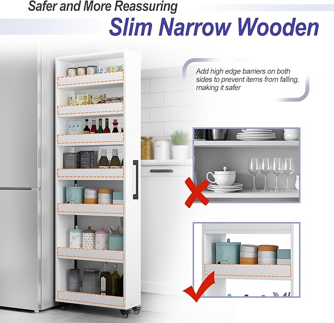 7-Tier Slim Storage Cart, Wooden Rolling Pantry Cabinet with Wheels, Narrow Shelf Organizer for Kitchen, Bakers Rack, Dining Room, Closet, Small Spaces Light Walnut 47.2" H*7.8" W*23.6" D