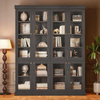 70.8" Bookshelf with Glass Doors, Farmhouse Modular Bookcase with 6-Tier Adjustable Shelves, Large Storage Cabinet for Living Room & Home Office, Set of 2, Black