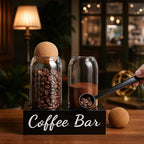 Coffee Container Set of 2 – 34oz Airtight Glass Coffee Bean Storage Jars with Wooden Lids, Metal Scoop & Wooden Base, Coffee Bar Organizer for Countertop, Tea & Sugar Canisters with Labels