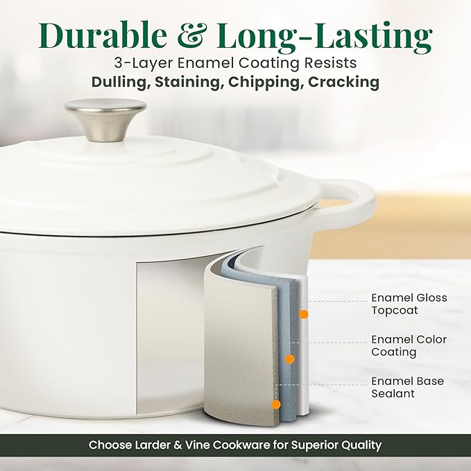 Larder & Vine Enameled Cast Iron 5.7qt Dutch Oven Pot with Lid | Bread Baking | Compatible on All Cooktops & Oven Safe to 500° F | Great for Sourdough Bread | White