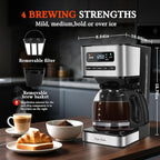Taylor Swoden Programmable Coffee Makers 12 Cup, Hot and Iced Coffee Maker, 4 Brew Strength, LED Display, 24H Timer, Keep Warm&Auto Shutoff- Drip Coffee Machine for Home/Office, Black &Stainless Steel