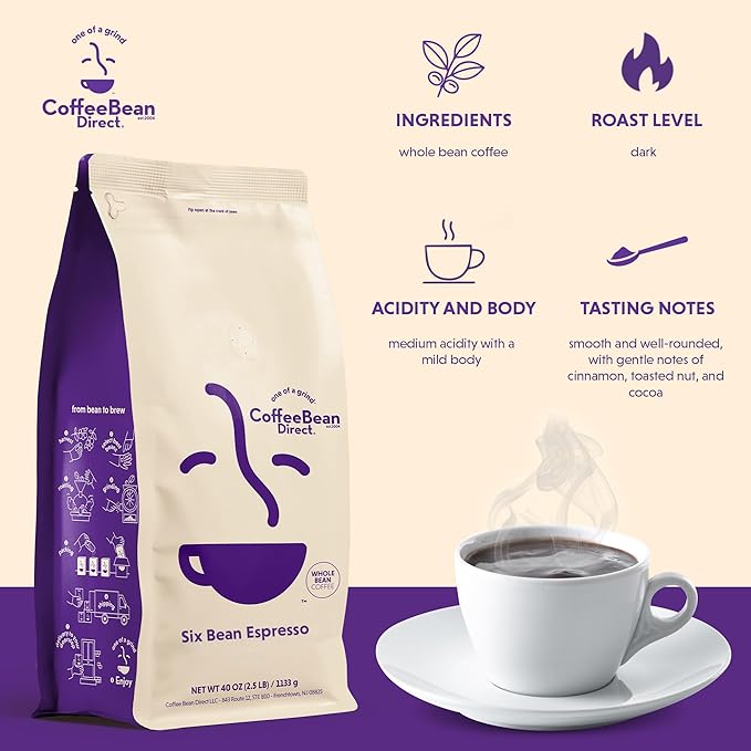 Coffee Bean Direct Six Bean Espresso, Whole Bean Coffee, Dark Roast, 2.5 Pound Bag (Pack of 1)