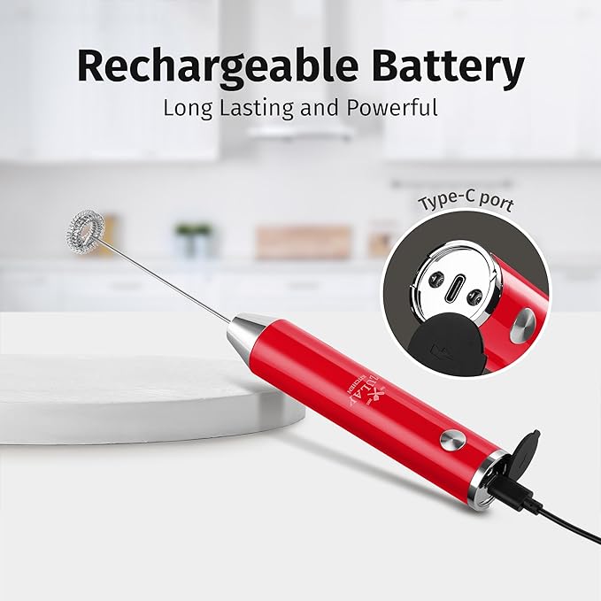 Zulay Kitchen Lux Rechargeable Milk Frother Handheld - Powerful 2-Speed Motor, Fully Waterproof, 2000mAh Battery - Drink Mixer For Latte, Cappuccino, Matcha, Protein Powder - Red