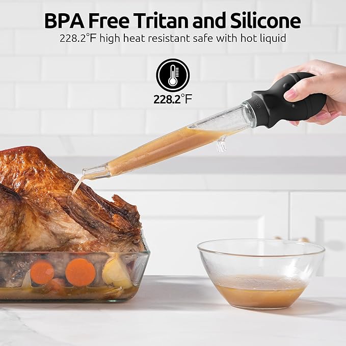 U-Taste 1.5oz Angled Turkey Baster - 228.2ºF Heat Resistant Food Grade Tritan and Silicone Large Octopus Bulb Baster Set with Cleaning Brush for Cooking Basting Meat Poultry Beef Chicken (Black)