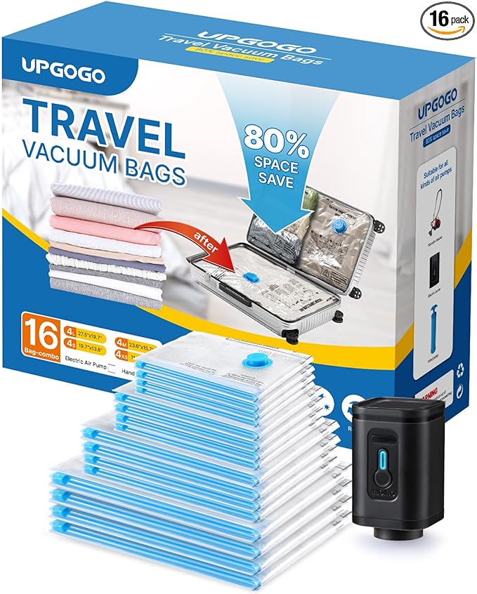 Combo 16 Pack Travel Vacuum Bags with Portable Electric Pump, Space Saver Vacuum Storage Bags for Clothing and Luggage, Travel Essentials