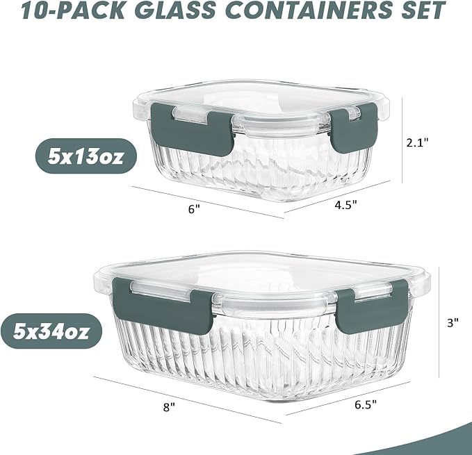 KOMUEE 10 Packs Glass Meal Prep Containers with Lids, Glass Food Storage Containers Set, Airtight Lunch Containers, Microwave, Oven, Freezer and Dishwasher Safe, Gray