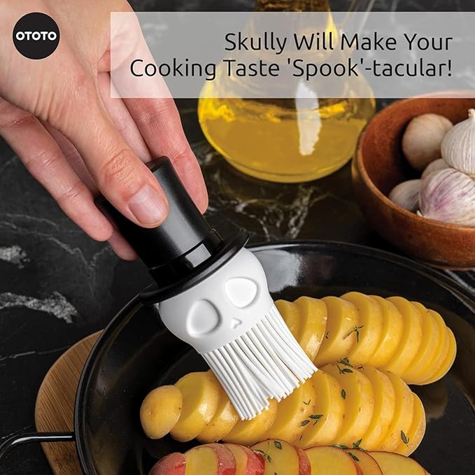 OTOTO Skully Basting Brush - Food Basting Brush for Cooking, Halloween Gifts, Gothic Kitchen Brush, Spooky Gifts, Skull Kitchen Accessories